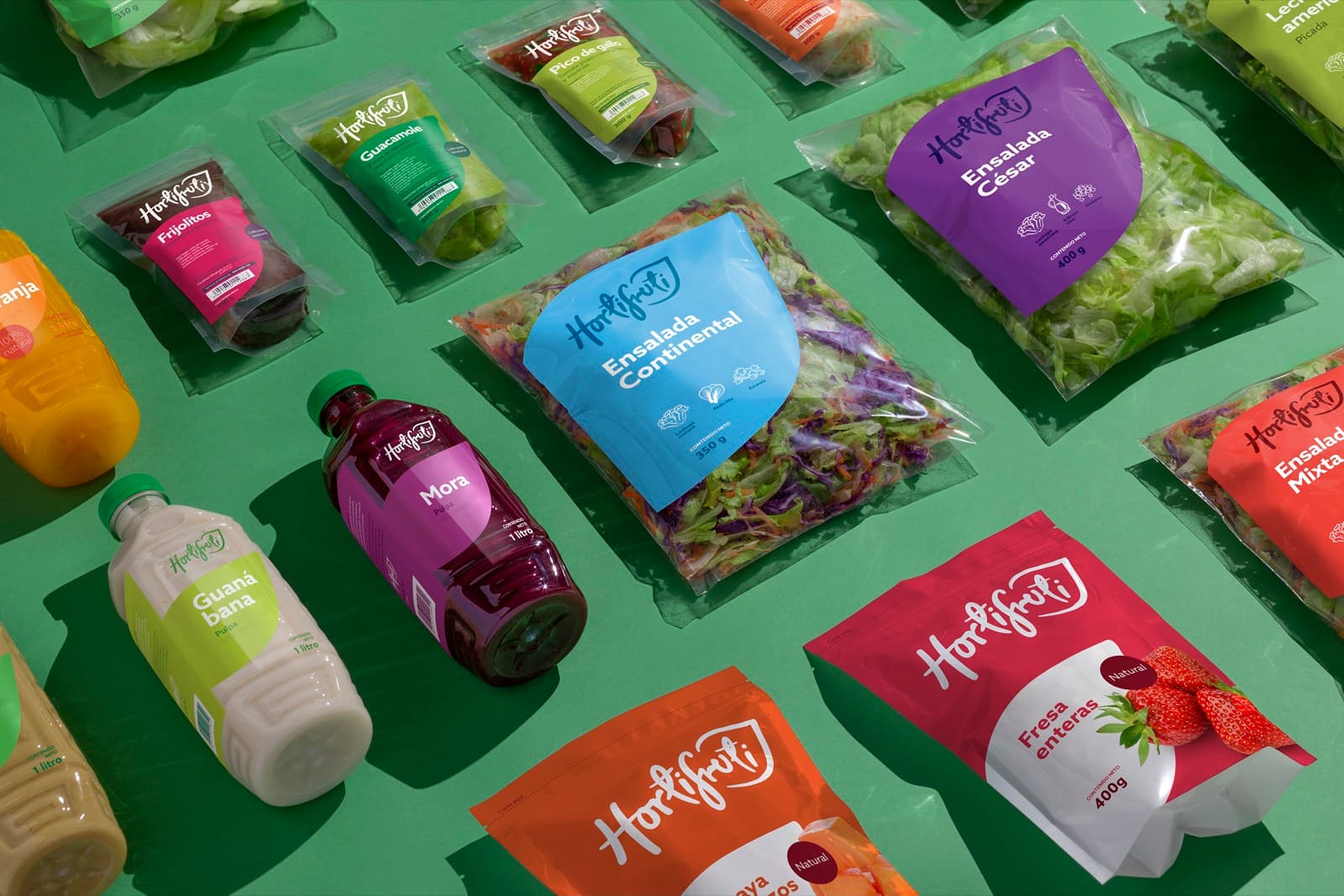 Familia de empaques de las lineas frescas de Hortifruti, branding por Kerigma